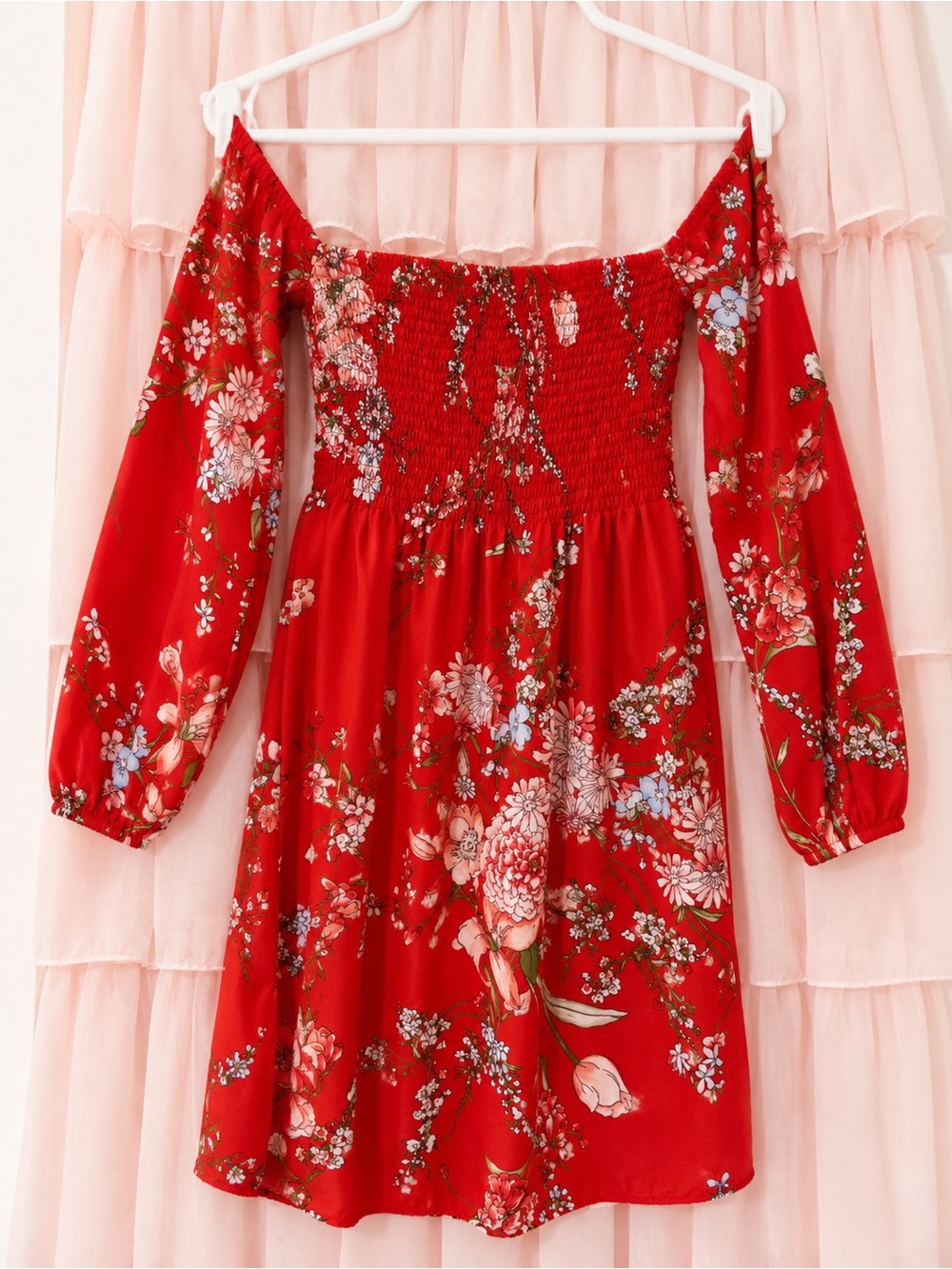 Maurices Red Floral Smocked Dress with Puff Sleeves